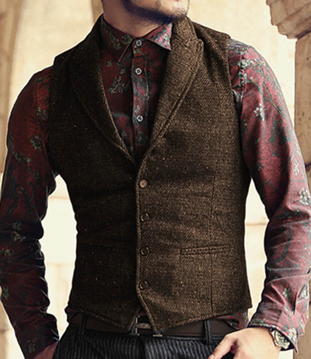 Men's Classic Suit Vest Herringbone Pattern Business Waistcoat Notch Lapel Wool Tweed Groomsmen Waistcoat For Wedding