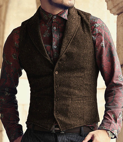 Men's Classic Suit Vest Herringbone Pattern Business Waistcoat Notch Lapel Wool Tweed Groomsmen Waistcoat For Wedding