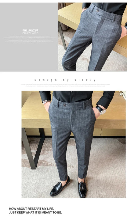 Boutique Classic Plaid and Striped Fashion Men's Casual Business Slim Suit Pants Groom Wedding Dress Trousers Party