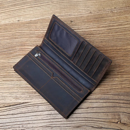 Vintage Leather Men's Wallet Mad Horse Leather Long Cell Phone Bag First Layer Cowhide Multi-card ID Bag