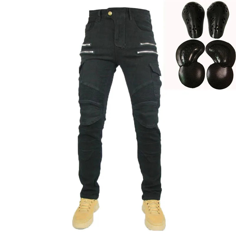 Double zipper Decoration Metal Style Motorcycle Leisure Motorcycle Men's Outdoor Riding Jeans Slim Pants With Protect Gears