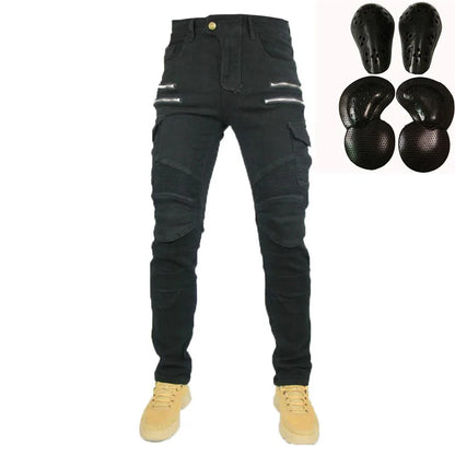 Double zipper Decoration Metal Style Motorcycle Leisure Motorcycle Men's Outdoor Riding Jeans Slim Pants With Protect Gears