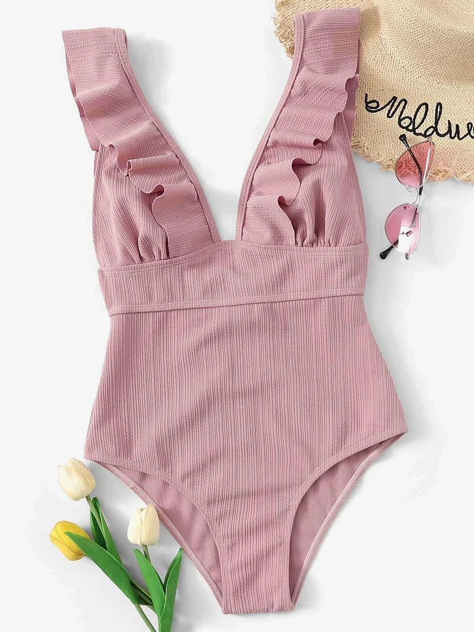 Sexy Ruffle Swimwear Women`s 2025 Deep V One Piece Swimsuit Female Bathing Suit Woman Bodysuit Swimming for Beach Wear Monokini