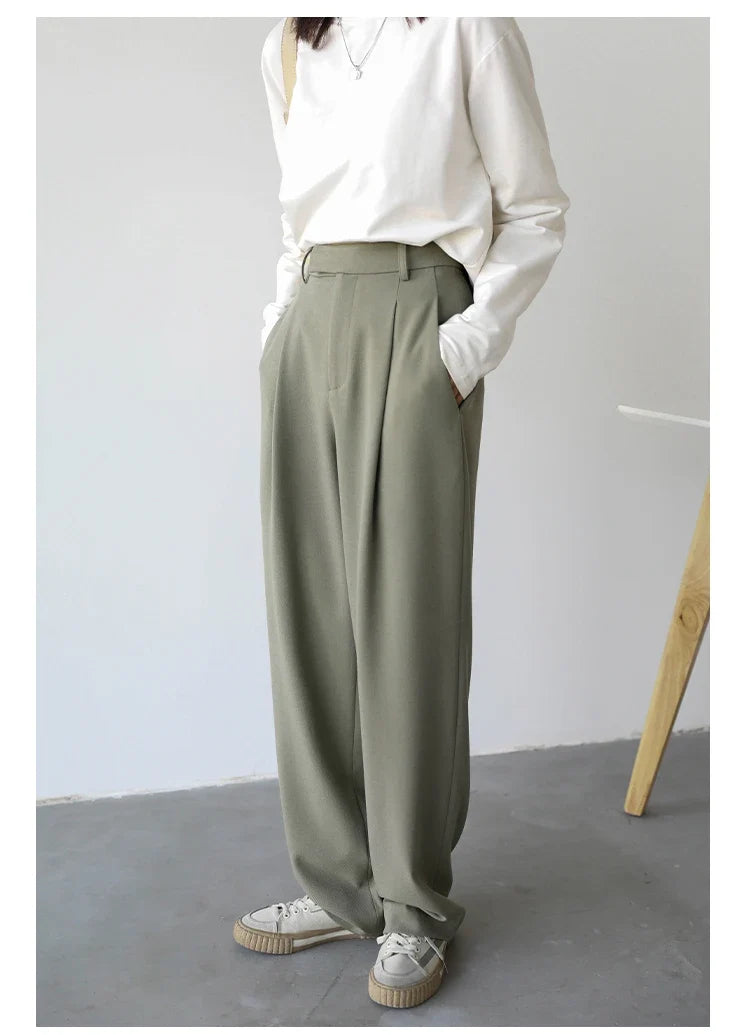 Simple Casual Women Twill Suit Pants Wide Leg Pants Straight Floor Pants Office Ladies Female Trousers