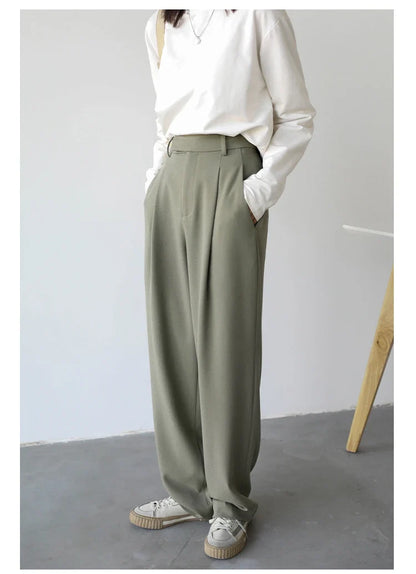 Simple Casual Women Twill Suit Pants Wide Leg Pants Straight Floor Pants Office Ladies Female Trousers