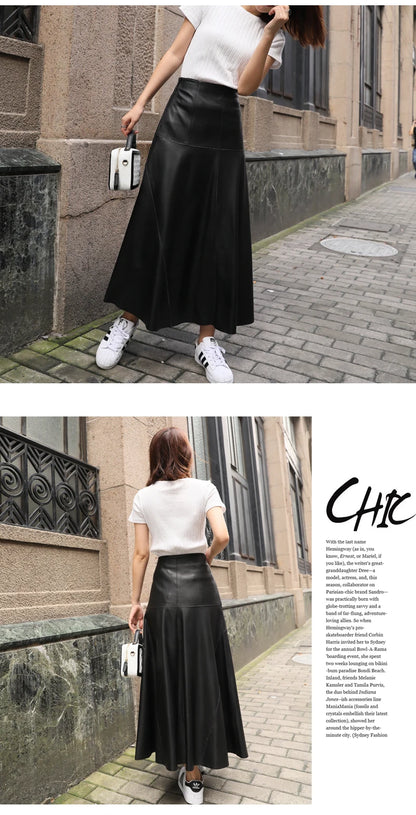 Maxi Skirt Winter Women Splendid Genuine Leather Flared Gonne Female Umbrella Large Swing Jupe Mujer 80 Long Ankle Falda Largas