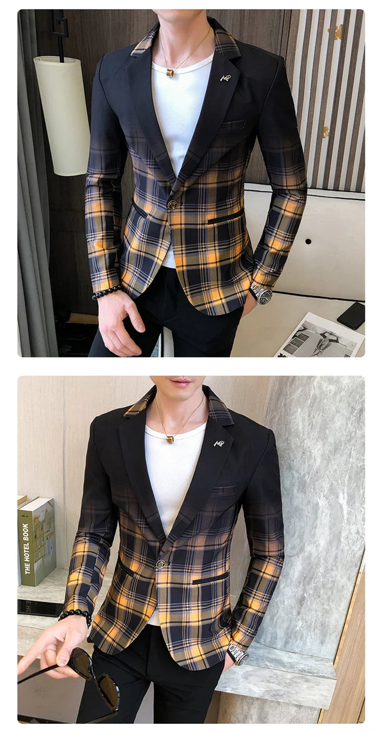 2022 Spring New Colorblock Plaid Blazer Men Slim Casual Man Blazers Wedding Business Party Clothing Dress Coat Blazer M-3XL
