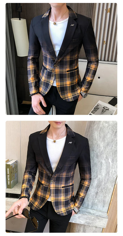2022 Spring New Colorblock Plaid Blazer Men Slim Casual Man Blazers Wedding Business Party Clothing Dress Coat Blazer M-3XL