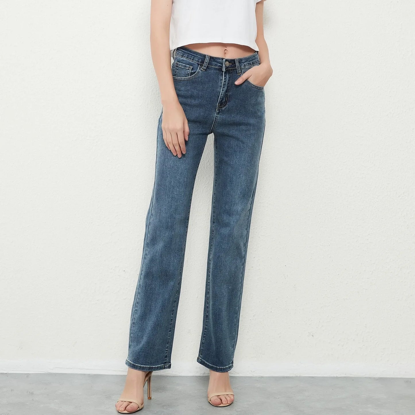 New Stretch Straight High Waist Jeans Women Vintage Baggy Full Length Long Denim Trousers Streetwear 2021 Jeans