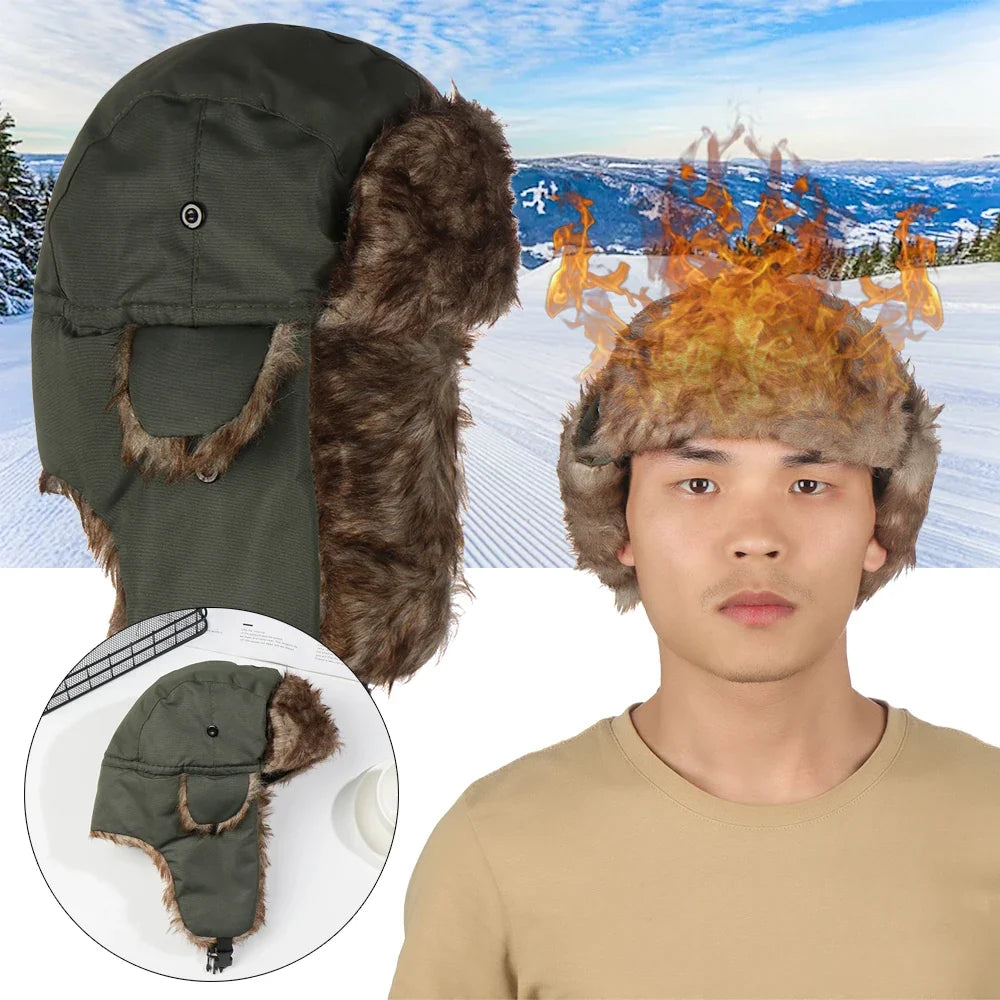 Unisex Men Women Russian Hat Trapper Bomber Warm Trooper Ear Flaps Winter Ski Hat Solid Fluffy Faux Fur Cap Headwear Bonnet