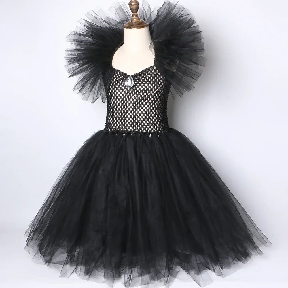 Girls Black Evil Queen Maleficent Tutu Dress Horns Wings Dark Witch Cosplay Carnival Halloween Costume for Kids Fancy Clothes