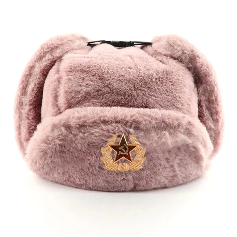 Soviet Badge Ushanka Men&Women Bomber Hats CCCP Army Pilot Trapper Trooper Hat Winter Faux Rabbit Fur Earflap Snow Caps