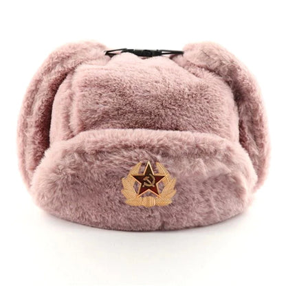 Soviet Badge Ushanka Men&Women Bomber Hats CCCP Army Pilot Trapper Trooper Hat Winter Faux Rabbit Fur Earflap Snow Caps
