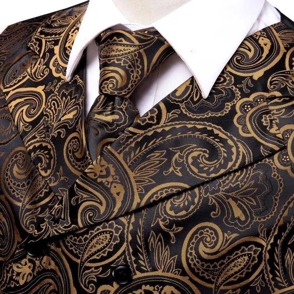 Silk Men's Vests and Tie Business Formal Dresses Slim Vest 4PC Necktie Hanky cufflinks for Suit Blue Paisley Floral Waistcoat