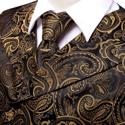 Silk Men's Vests and Tie Business Formal Dresses Slim Vest 4PC Necktie Hanky cufflinks for Suit Blue Paisley Floral Waistcoat