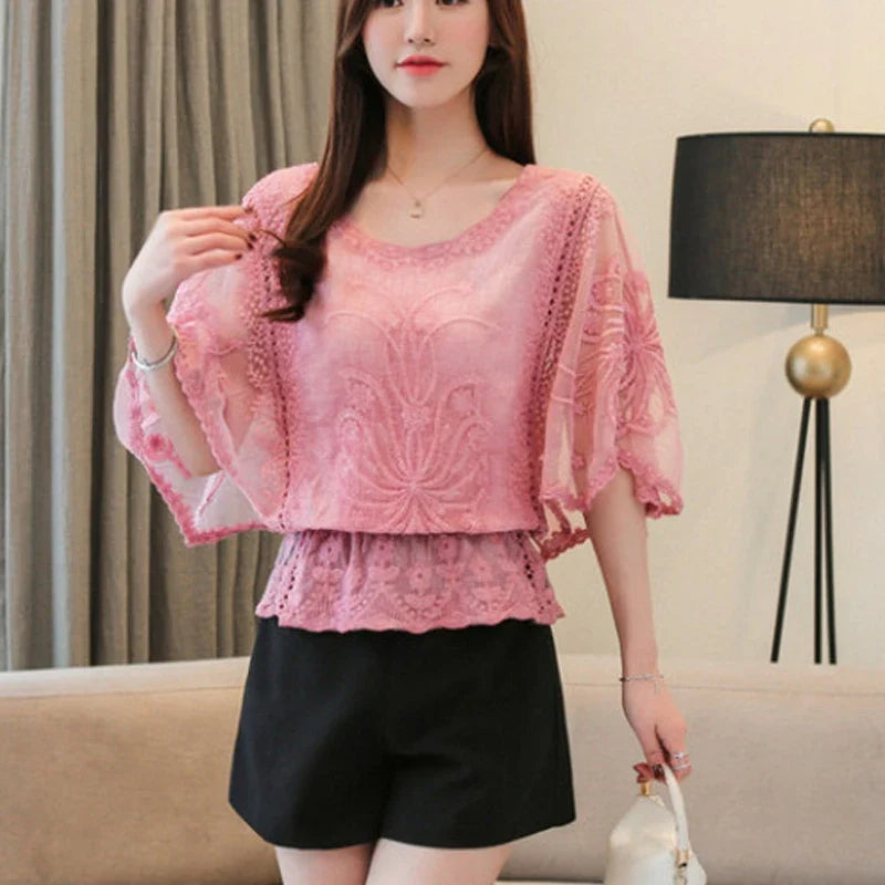 Summer Loose Lace Blouse Women 2025 Butterfly Sleeve Chiffon Shirt Woman Fashion Casual Floral White Shirt Tops Blusas 4073