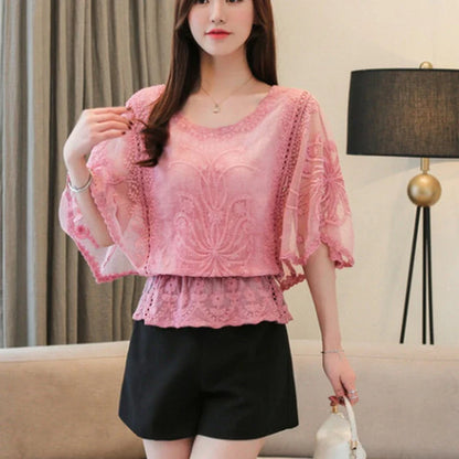 Summer Loose Lace Blouse Women 2025 Butterfly Sleeve Chiffon Shirt Woman Fashion Casual Floral White Shirt Tops Blusas 4073