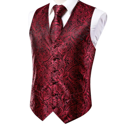 Silk Mens Vests Sleeveless Waist Jacket Jacquard Black Orange Floral Waistcoat Tie Hanky Cufflinks Set for Men Casual XXL