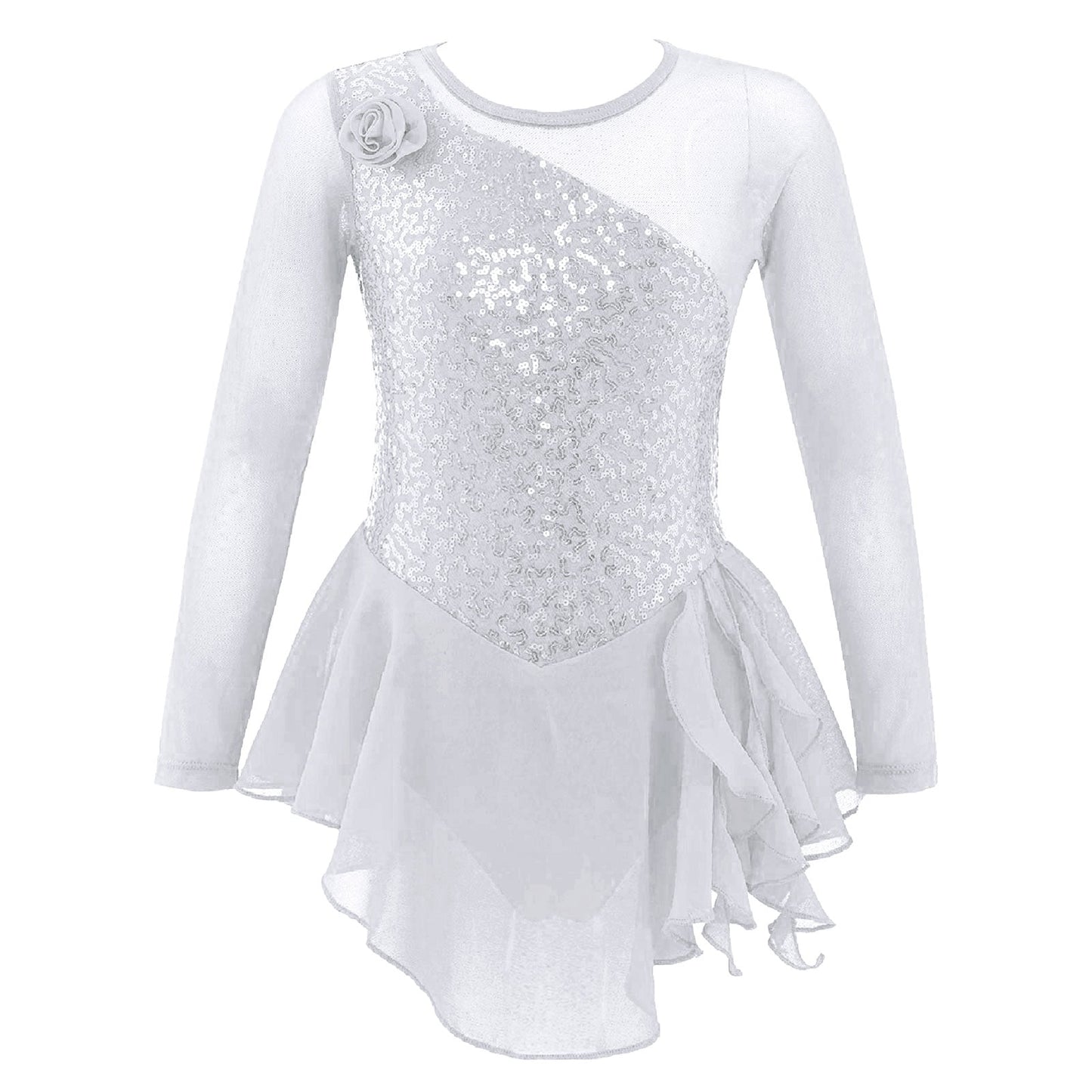 Girls Figure Ice Skating Dress Sparkly Sequin Gymnastics Dance Ballet Tutu Leotard Kids Long Sleeve Mesh Splice Dance Costume