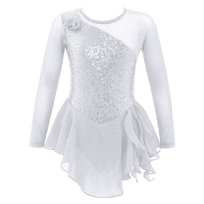 Girls Figure Ice Skating Dress Sparkly Sequin Gymnastics Dance Ballet Tutu Leotard Kids Long Sleeve Mesh Splice Dance Costume