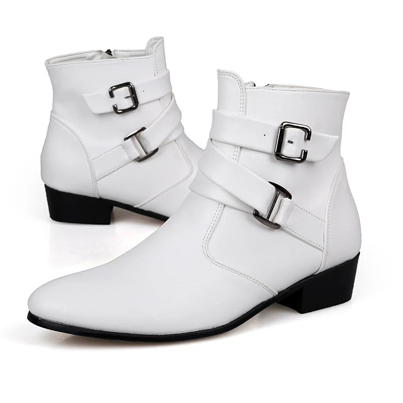 Fashion Men Spring Autumn Pointed Toe Height Increase Chelsea Ankle Boots Western High Top Casual Shoe PU Leather