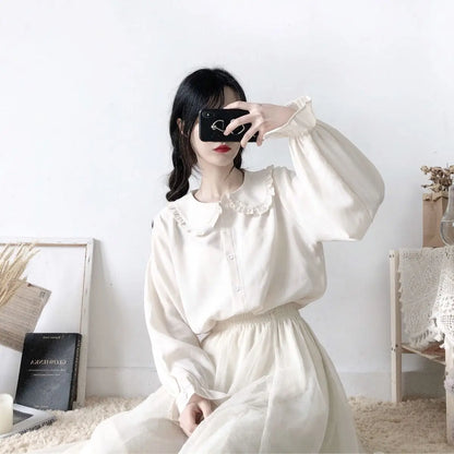 Peter Pan Collar Sweet Shirt Women Lolita Japanese Kawaii Blouse Puff Long Sleeve Elegant White Female Top Basic School Shirts