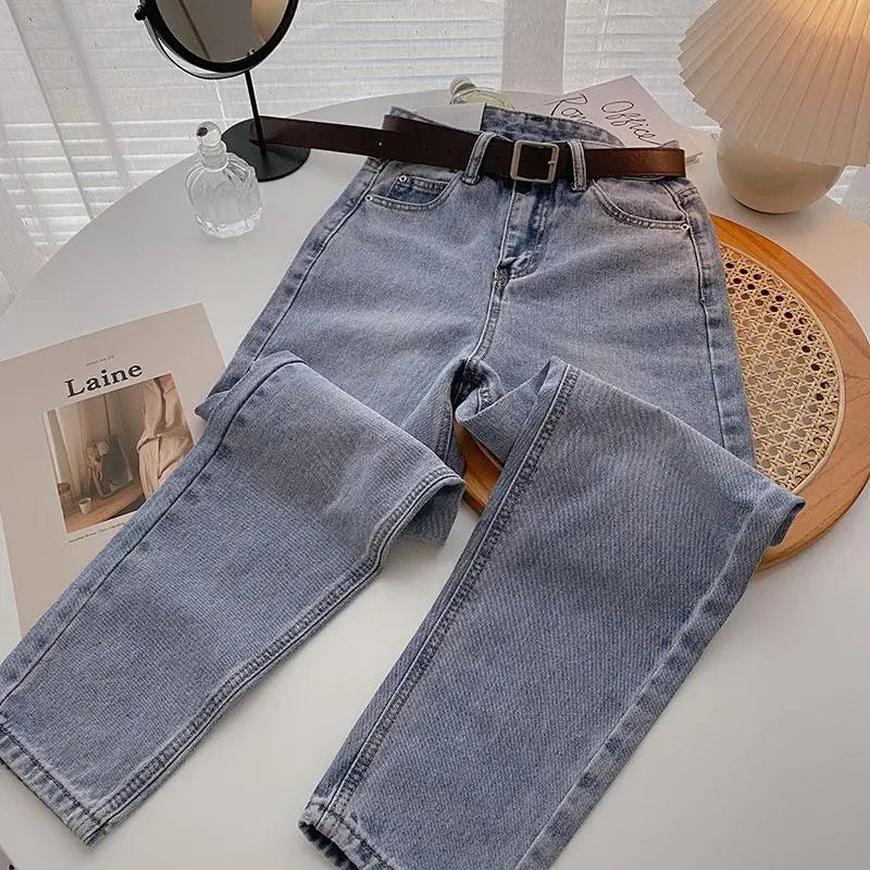 Straight Jeans Women with Belt Vintage Basic Blue Ankle-length Denim Pants Boyfriend Gray Jeans Korean 2021