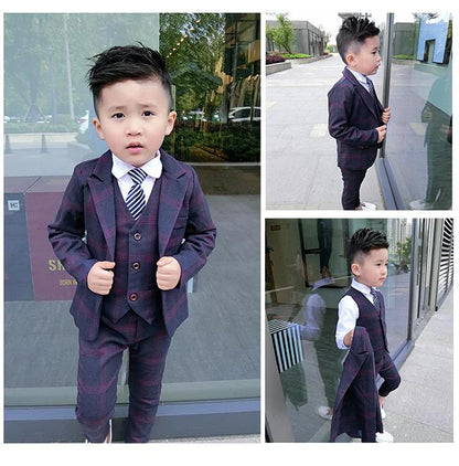 5Pcs Kids Boys Gentleman Suit Plaid Formal Attire Jacket Coat+Pants+T-Shirt+Vest+Tie Outfit Birthday Party Clothes