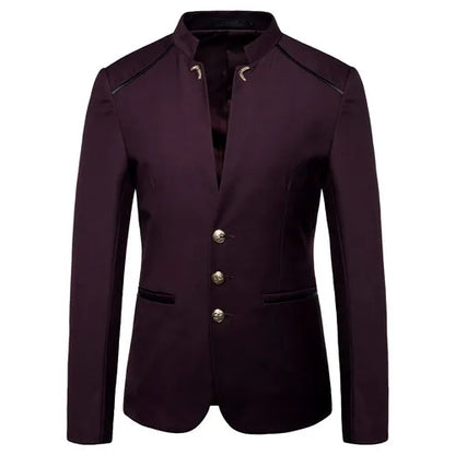 2026 New Men's Black Blazers Coat, Masculino Single Breasted Stand Up Collar Men Long-Sleeved Terno Jacket, Blue Red Overcoat