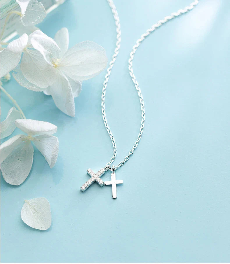 Fashion Shiny Zircon and Glossy Cross Pendant Necklace for Women Pure 925 Sterling Silver Long Chain Necklace Jewelry
