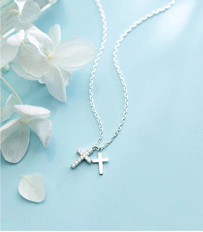 Fashion Shiny Zircon and Glossy Cross Pendant Necklace for Women Pure 925 Sterling Silver Long Chain Necklace Jewelry