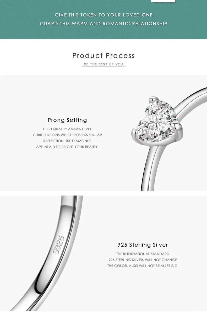 Authentic 925 Sterling Silver Simple Love Heart AAAAA Zirconia Sparkling Finger Ring For Women Female Wedding Jewelry