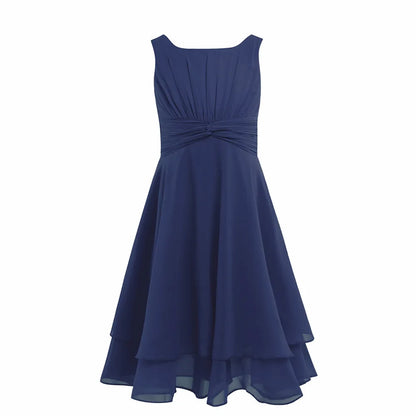 Summer Fashion Flower Girls Dress Wedding Birthday Party Kids Chiffon Dress Sleeveless Ruched Bodice Elegant Princess Dress