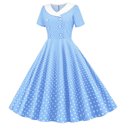 Summer Midi Dress Women Elegant Pink Vintage Party Sundress Casual Peter pan Collar Short Sleeve Dress
