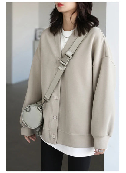 Korean Autumn Winter Women's Sports Coat Casual Loose V-neck Sweatshirt for Women Thick Warm Tops Office Lady Female