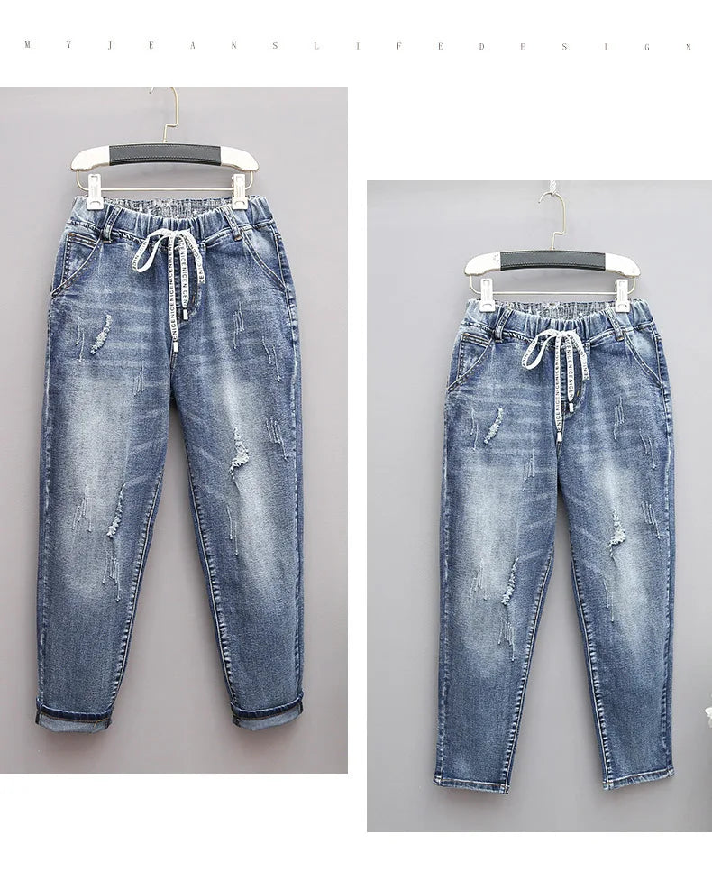 Large Size Baggy Jeans Woman High Waist Loose Harem Pants Elastic Cotton Denim Pants Women Denim Jeans Mom Ripped Jeans