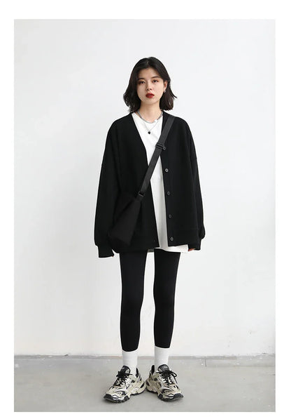 Korean Autumn Winter Women's Sports Coat Casual Loose V-neck Sweatshirt for Women Thick Warm Tops Office Lady Female