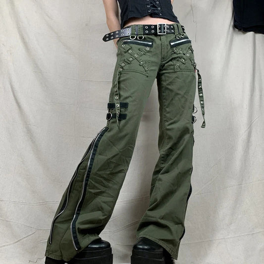 Women's Pants Gothic Punk Baggy Vintage Kawaii Trousers Bandage Low Waist Cargo Pants Grunge Green Zipper Jeans Korea Sweatpants