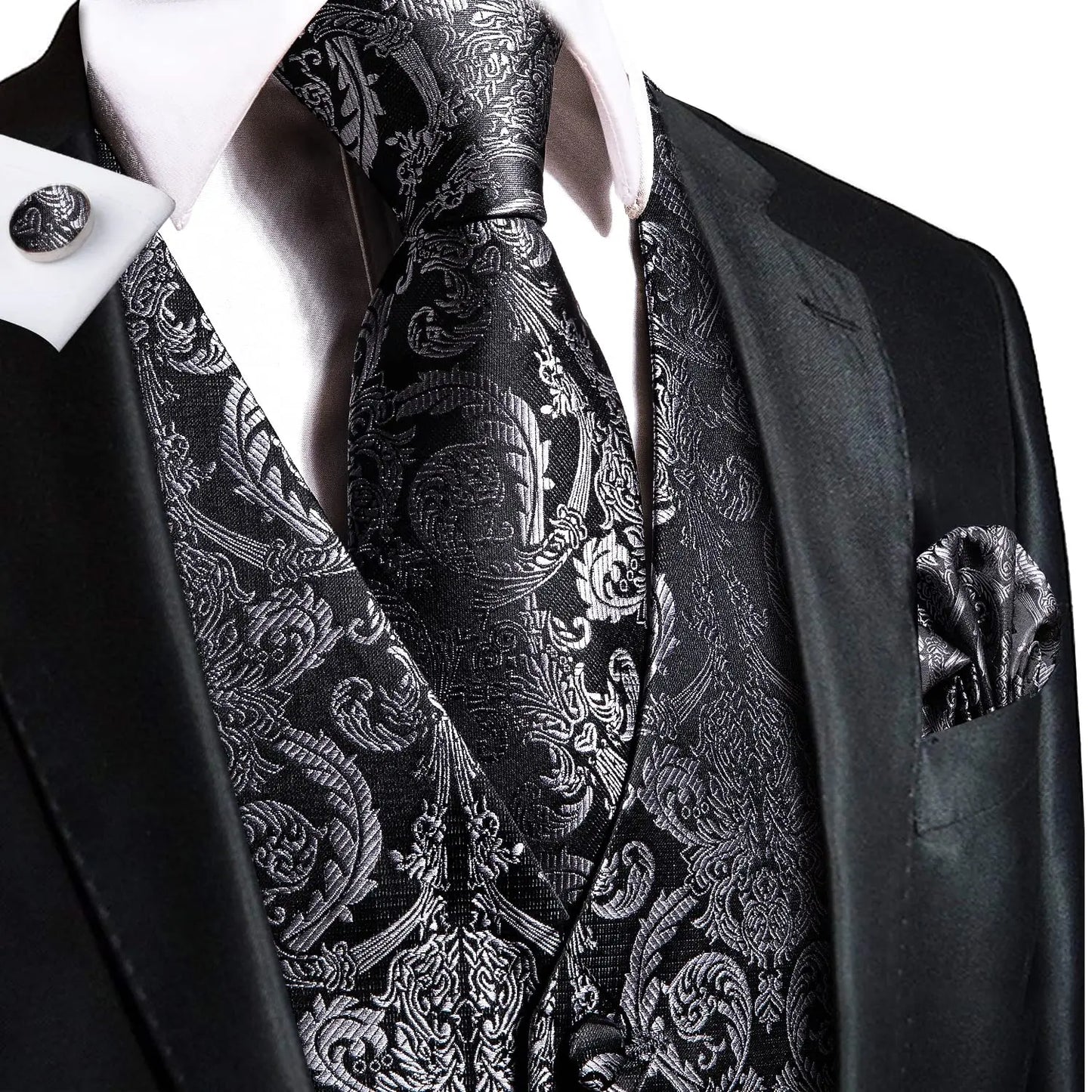Luxury Men Silk Vest Gold Black Blue Red Green Purple Floral Waistcoat Tie Hanky Cufflinks Brooch Wedding Formal Business