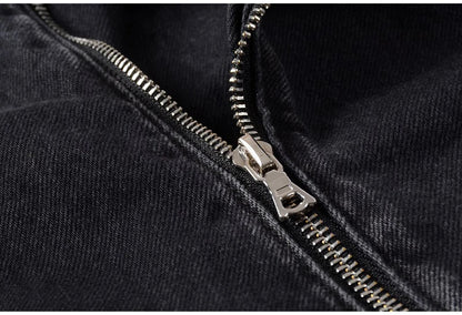 Men's Zippers Black Biker Jean Jacket Streetwear Thick Denim Slim Coat with Belt High Quality