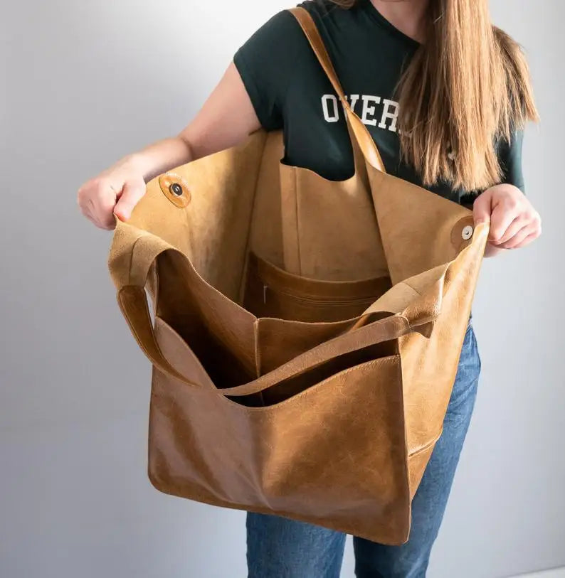 Casual Soft Large Capacity Tote Women Handbags Designer Aged Metal Look Luxury Pu Leather Shoulder Bag Retro Big Shopper Purses
