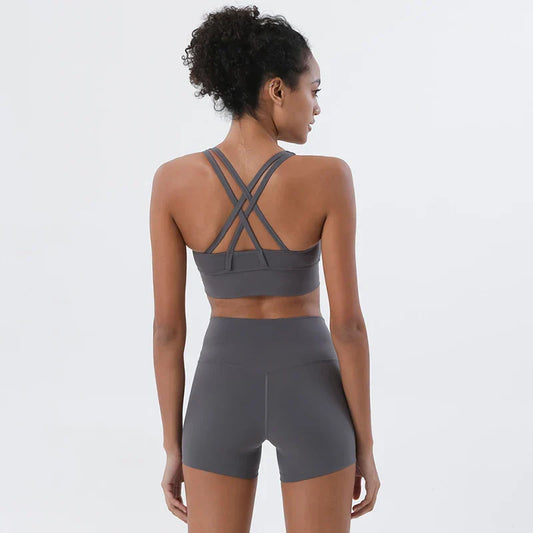 SOISOU Gym Womens Clothing Shorts Sets Yoga Women's Tracksuit Sexy Bra High Waist Short Sportwear Elastic Set Woman 2 Pieces