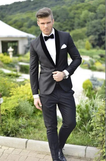 Custom Made Groomsmen Notch Satin Lapel Groom Tuxedos Black Men Suits Wedding Best Man 2 Pieces ( Jacket + Pants + Bow Tie) B859