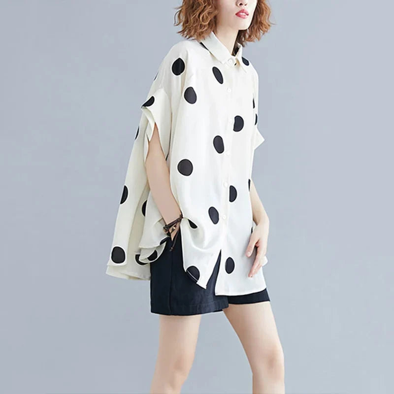 Black Vintage Polka Dot Print Blouse Women New Chiffon Lapel Short Sleeve Loose Casual Shirt Tops Fashion Summer Clothes 2026