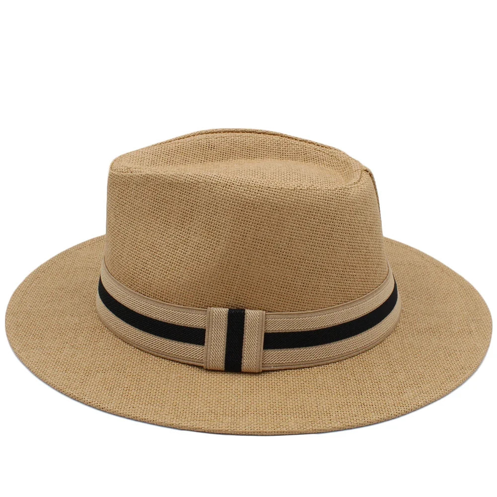 Men Women Straw Panama Hats Summer Wide Brim Bowtie Band Fedora Sunhats Trilby Caps Outdoor Beach Travel Size US 7 1/4 UK L
