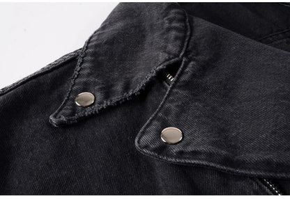 Men's Zippers Black Biker Jean Jacket Streetwear Thick Denim Slim Coat with Belt High Quality