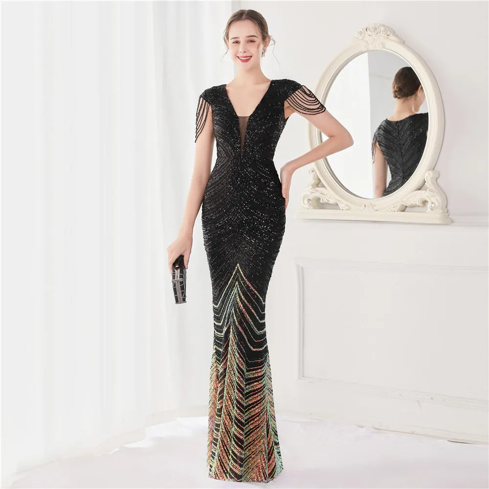 Elegant V Neck Mermaid Evening Dress Long Luxury Beads Women Evening Party Dresses 2025 New Formal Dress 19085