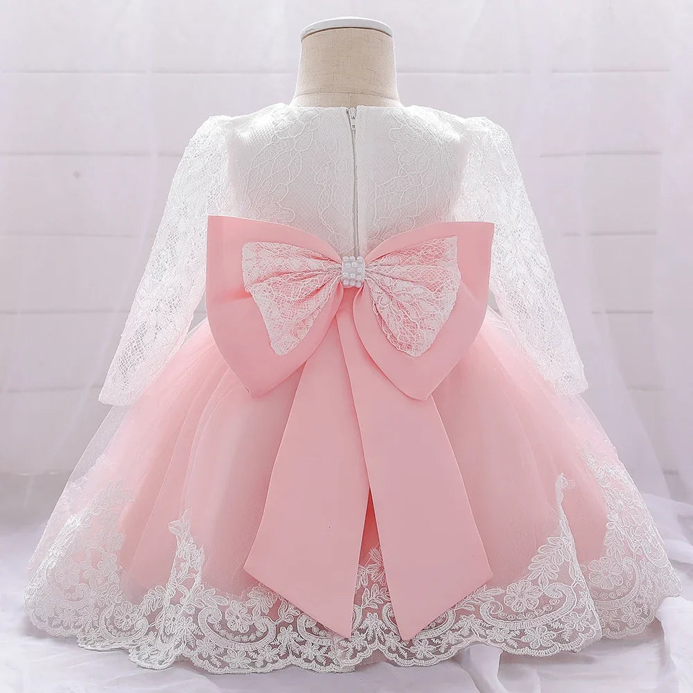 Long Sleeve Baby Girls Dress Newborn White Baptism Tulle Party Wedding 1st Birthday Princess Dresses Infant Girls Bow Prom Gown