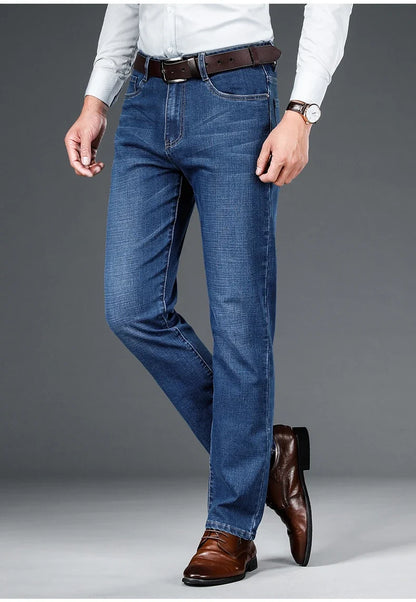 2024 autumn spring fitted straight stretch denim jeans classic style badge youth men's business casual jeans trousers