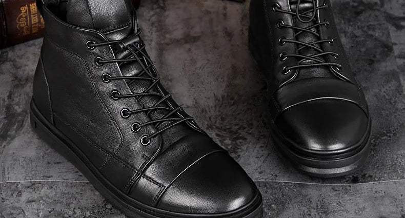 Winter Genuine Leather Boots Men Ankle Casual High Top Skateboarding Shoes Cow Leather Big Size 47 48